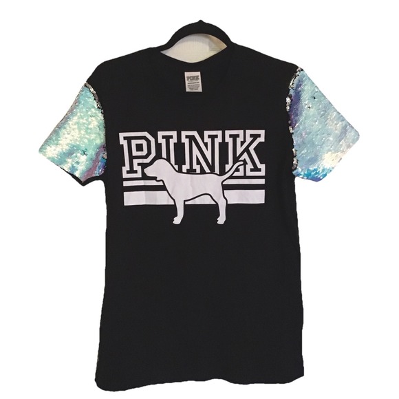 Victoria's Secret Pink Bling Iridescent Campus Tee Shirt Black Dog Rare Size XS